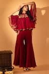 Shop_SSHILPA SAMRIYA_Maroon Jumpsuit Georgette Hand Embroidered Floral Jumpsuit Round With Cape _Online_at_Aza_Fashions