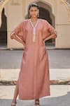 Buy_Dash And Dot_Peach Polyester, Acrylic, Tencel Mirrors, Applique V-neck Mirrorwork Kaftan _at_Aza_Fashions