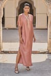 Buy_Dash And Dot_Peach Polyester, Acrylic, Tencel Mirrors, Applique V-neck Mirrorwork Kaftan _Online_at_Aza_Fashions