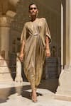 Buy_Dash And Dot_Gold Polyester Embroidery V-neck Shimmer Knitted Embellished Kaftan _at_Aza_Fashions