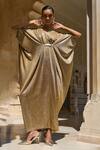 Buy_Dash And Dot_Gold Polyester Embroidery V-neck Shimmer Knitted Embellished Kaftan 