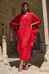 Buy_Dash And Dot_Red Polyester Embroidery V-neck Tonal Abstract Woven Kaftan _at_Aza_Fashions