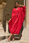 Shop_Dash And Dot_Red Polyester Embroidery V-neck Tonal Abstract Woven Kaftan _Online_at_Aza_Fashions