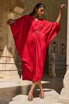 Dash And Dot_Red Polyester Embroidery V-neck Tonal Abstract Woven Kaftan _at_Aza_Fashions