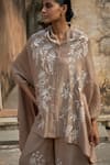 Dash and Dot_Beige 65% Ryon Embroidered Thread Shawl Collar Cape Top _Online_at_Aza_Fashions