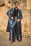 Buy_Dash and Dot_Blue 100% Polyester Laser Cut Applique Ombre Pattern Long Brocade Jacket _at_Aza_Fashions