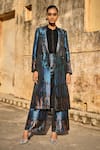 Dash and Dot_Blue 100% Polyester Laser Cut Applique Ombre Pattern Long Brocade Jacket _Online_at_Aza_Fashions