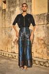 Shop_Dash and Dot_Blue 100% Polyester Laser Cut Applique Wide Legged High Waist Brocade Pant _Online_at_Aza_Fashions