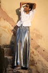 Shop_Dash and Dot_Silver 100% Polyester Smocked Waist Metallic Maxi Skirt _Online_at_Aza_Fashions