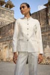 Dash and Dot_Ivory 100% Polyester Woven Floral Band Collar Jacquard Pattern Jacket With Pant _Online_at_Aza_Fashions