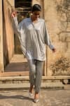 Buy_Dash And Dot_Silver 100% Polyester Placement Embroidery Mirror Collared Work Shirt With Pant _at_Aza_Fashions