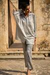 Dash And Dot_Silver 100% Polyester Placement Embroidery Mirror Collared Work Shirt With Pant _Online_at_Aza_Fashions