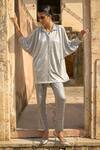 Buy_Dash And Dot_Silver 100% Polyester Placement Embroidery Mirror Collared Work Shirt With Pant _Online_at_Aza_Fashions