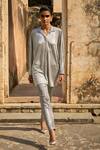 Dash And Dot_Silver 100% Polyester Placement Embroidery Mirror Collared Work Shirt With Pant _at_Aza_Fashions