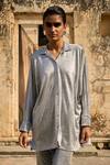 Buy_Dash And Dot_Silver 100% Polyester Placement Embroidery Mirror Collared Work Shirt With Pant 