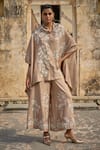 Buy_Dash and Dot_Brown 65% Ryon Applique Embroidery Floral Vine Shawl Collar Cape Top With Pant _at_Aza_Fashions