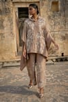 Shop_Dash and Dot_Brown 65% Ryon Applique Embroidery Floral Vine Shawl Collar Cape Top With Pant _Online_at_Aza_Fashions