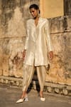 Buy_Dash and Dot_Ivory 80% Ryon Plain Band Collar Long Tunic With Draped Dhoti Pant _at_Aza_Fashions