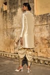 Shop_Dash and Dot_Ivory 80% Ryon Plain Band Collar Long Tunic With Draped Dhoti Pant _at_Aza_Fashions