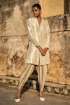 Dash and Dot_Ivory 80% Ryon Plain Band Collar Long Tunic With Draped Dhoti Pant _Online_at_Aza_Fashions