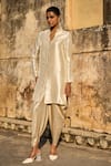 Buy_Dash and Dot_Ivory 80% Ryon Plain Band Collar Long Tunic With Draped Dhoti Pant _Online_at_Aza_Fashions