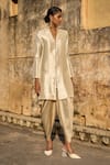 Shop_Dash and Dot_Ivory 80% Ryon Plain Band Collar Long Tunic With Draped Dhoti Pant _Online_at_Aza_Fashions