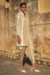 Dash and Dot_Ivory 80% Ryon Plain Band Collar Long Tunic With Draped Dhoti Pant _at_Aza_Fashions