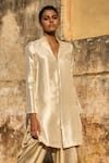 Shop_Dash and Dot_Ivory 80% Ryon Plain Band Collar Long Tunic With Draped Dhoti Pant 