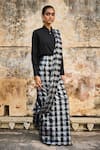 Dash and Dot_Black Pre-draped Saree 85% Cotton Chequered Collared Pattern With Shirt _at_Aza_Fashions