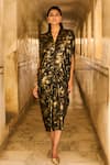 Shop_Dash and Dot_Black 96% Polyester Print Foil V-neck Cowl Kaftan _at_Aza_Fashions