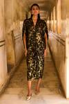Dash and Dot_Black 96% Polyester Print Foil V-neck Cowl Kaftan _Online_at_Aza_Fashions