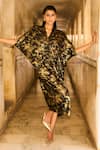 Dash and Dot_Black 96% Polyester Print Foil V-neck Cowl Kaftan _at_Aza_Fashions