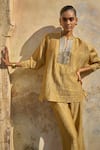 Dash and Dot_Gold 13% Silk Embroidery Mirror Notched Placket Top _at_Aza_Fashions