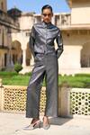 Buy_Dash and Dot_Silver 100% Polyester Woven Textured Band Collar Metallic Wave Shirt And Pant Set _at_Aza_Fashions