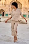 Shop_Dash and Dot_Beige 100% Polyester Embroidery Cord Band Collar Lace Top And Pant Set _Online_at_Aza_Fashions