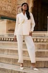 Shop_Dash and Dot_Ivory 100% Polyester Embellished Chain Shawl Textured Tie-up Top And Pant Set _at_Aza_Fashions