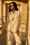 Buy_Dash and Dot_Ivory 100% Polyester Embellished Chain Shawl Textured Tie-up Top And Pant Set _Online_at_Aza_Fashions