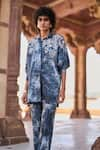 Shop_Dash and Dot_Blue 100% Polyester Embroidery Tie Dye Collar Draped Shirt And Pant Set _Online_at_Aza_Fashions