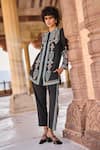 Dash and Dot_Black 100% Viscose Embroidery Zari Thread Band Collar Shirt Tunic And Pant Set _Online_at_Aza_Fashions