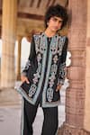 Buy_Dash and Dot_Black 100% Viscose Embroidery Zari Thread Band Collar Shirt Tunic And Pant Set _Online_at_Aza_Fashions