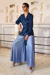 Shop_Dash and Dot_Blue 100% Polyester Plain Collar Metallic Wrap Shirt And Flared Pant Set _at_Aza_Fashions