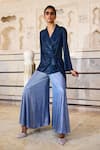 Shop_Dash and Dot_Blue 100% Polyester Plain Collar Metallic Wrap Shirt And Flared Pant Set _Online_at_Aza_Fashions