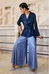 Dash and Dot_Blue 100% Polyester Plain Collar Metallic Wrap Shirt And Flared Pant Set _at_Aza_Fashions