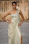 Dash and Dot_Silver 100% Polyester Metallic Draped Saree Style Gown _Online_at_Aza_Fashions