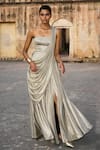 Shop_Dash and Dot_Silver 100% Polyester Metallic Draped Saree Style Gown _Online_at_Aza_Fashions