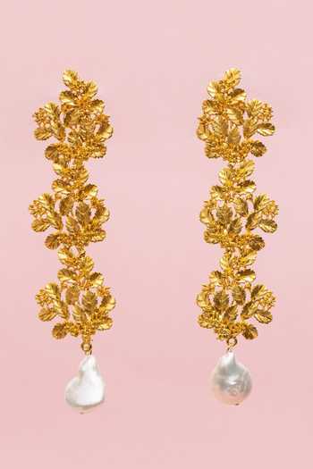Shop_MAALICIOUS JEWELRY_Gold Plated Pearls Cleopatra Floral Danglers _at_Aza_Fashions