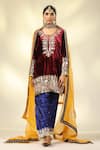 SHIVANI SABHARWAL_Maroon Kurta Silk Velvet Embroidered Zari Round Pearl Salwar Set _Online_at_Aza_Fashions