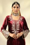 SHIVANI SABHARWAL_Maroon Kurta Silk Velvet Embroidered Zari Round Pearl Salwar Set _at_Aza_Fashions