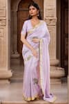 Buy_Samyukta Singhania_Purple Tissue Handpainted Lace Plunge V-neck Elephant Saree With Blouse _at_Aza_Fashions