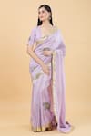 Buy_Samyukta Singhania_Purple Tissue Handpainted Lace Plunge V-neck Elephant Saree With Blouse 